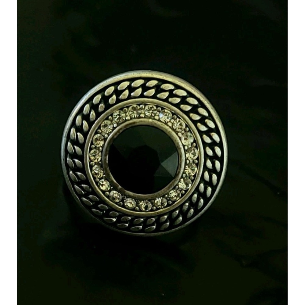 Large Black Rhinestone Halo Cocktail Ring Size 10 Silver Tone Statement